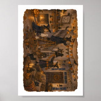 Witches Decorating Halloween Living Room for Cosy Poster