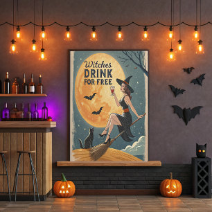 Witches Drink for Free – Vintage Witch and Cat Art Poster