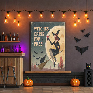 Witches Drink for Free – Vintage Witch and Cat Art Poster