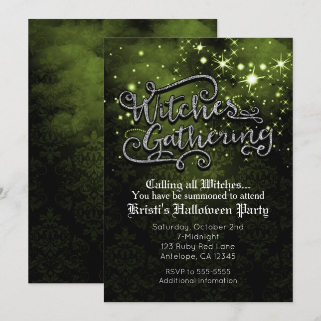 Witches Gathering Green & Black Damask Invitation (Front/Back)