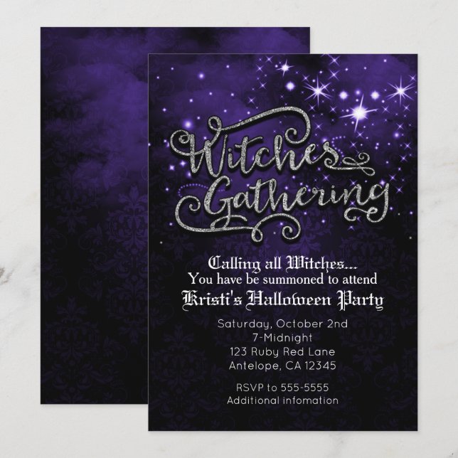 Witches Gathering Purple & Black Damask Invitation (Front/Back)