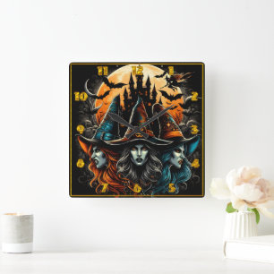 Witches gathering under a full moon on Halloween Square Wall Clock