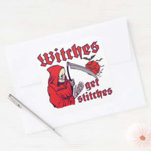 WITCHES GET STITCHES funny scary halloween Square Sticker