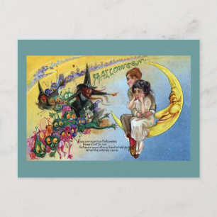 Witches, Goblins & Man in the Moon Halloween Postcard