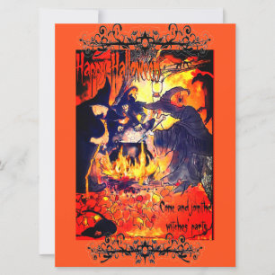 Witches Halloween Party Art Cauldron Vultures Invitation