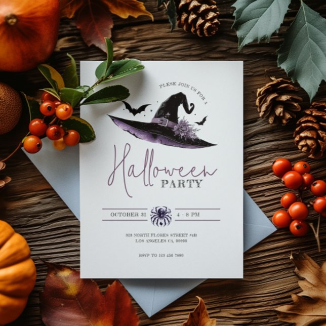 Witches Hat Bats Minimalistic Halloween Party Invitation (Creator Uploaded)