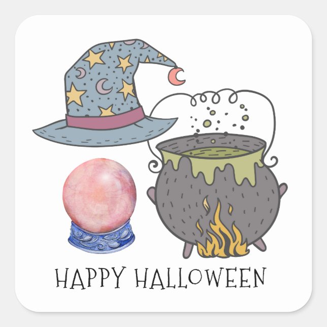 Witches Hat Cauldron Crystal Ball Halloween Square Sticker (Front)