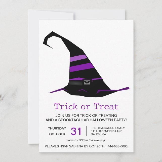 Witches Hat Trick or Treat Halloween Party Invitation (Front)