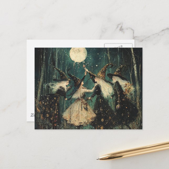 Witches in the Birch Tree Moonlit Forest Postcard (Front/Back In Situ)