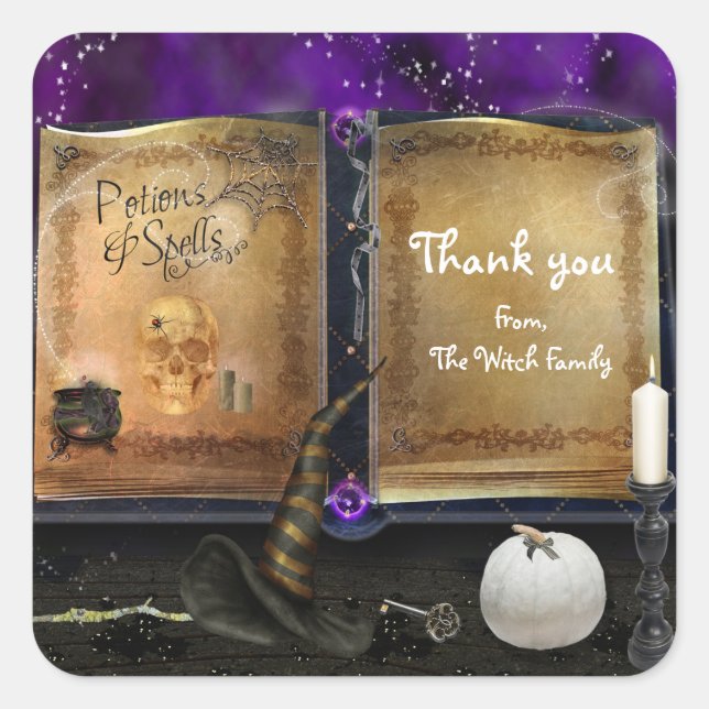 Witches Magic Spell Book Halloween Costume Favour Square Sticker (Front)