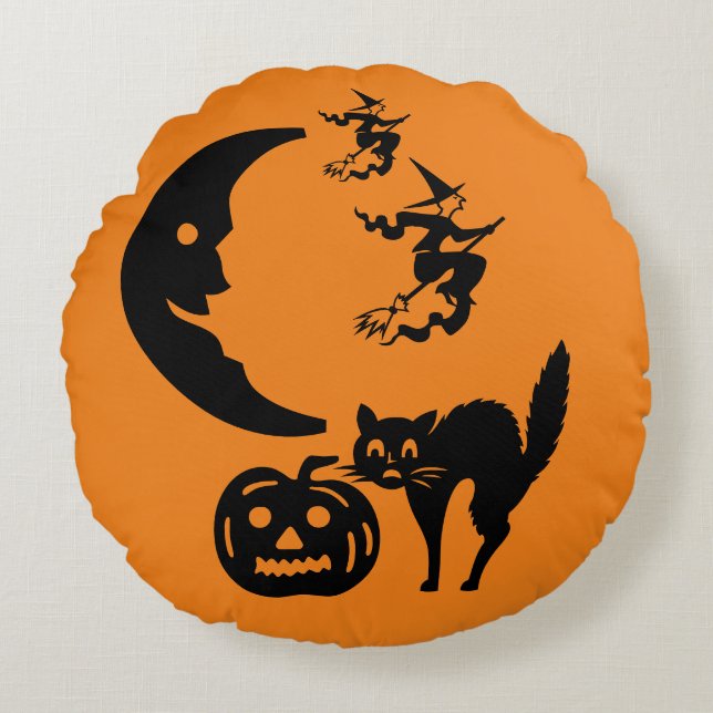 Witches & Moon & Cat & Pumpkin & Ghosts Pillow (Front)