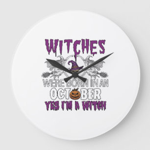 Witches October Halloween Skull Witch Hat Pumpkin_ Large Clock