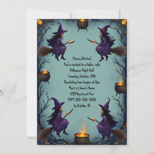 Witches on Brooms with Cauldron Women's Halloween Invitation