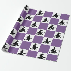 Witches on Purple & White Chequered Wrapping Paper