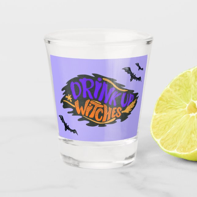 Witches Orange Purple Bats Drink Up Shot Glass (Front)