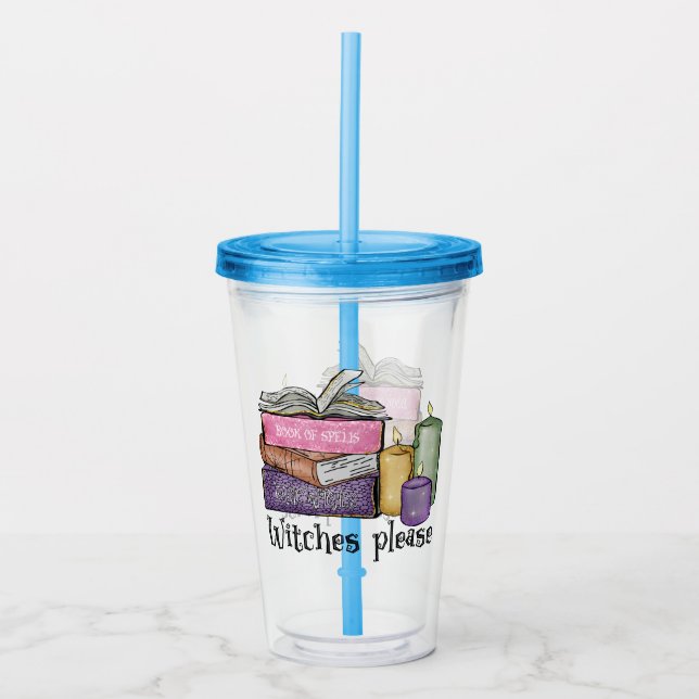Witches Please – Stack of Witchy Books Acrylic Tumbler (Front)