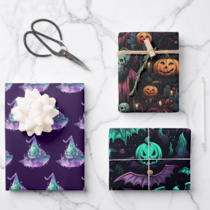 Witches Pumpkin Skulls Bats Scary Halloween Wrapping Paper Sheet
