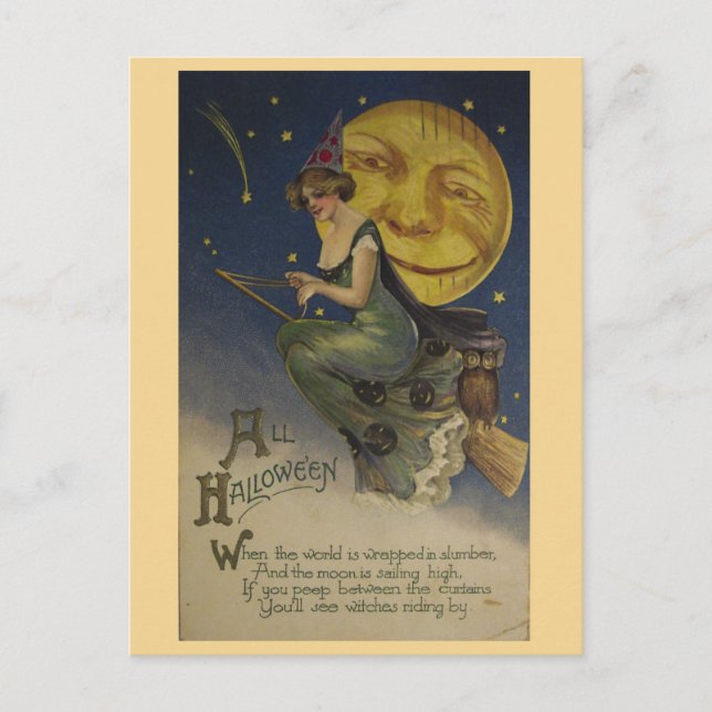 Witches Riding By Vintage Halloween Postcard (Front)