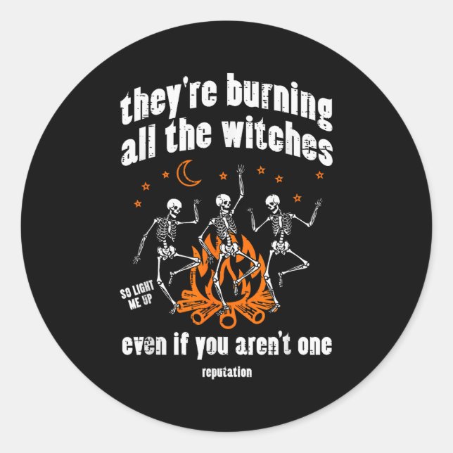 Witches Skeletons Dancing Funny Halloween Costume  Classic Round Sticker (Front)