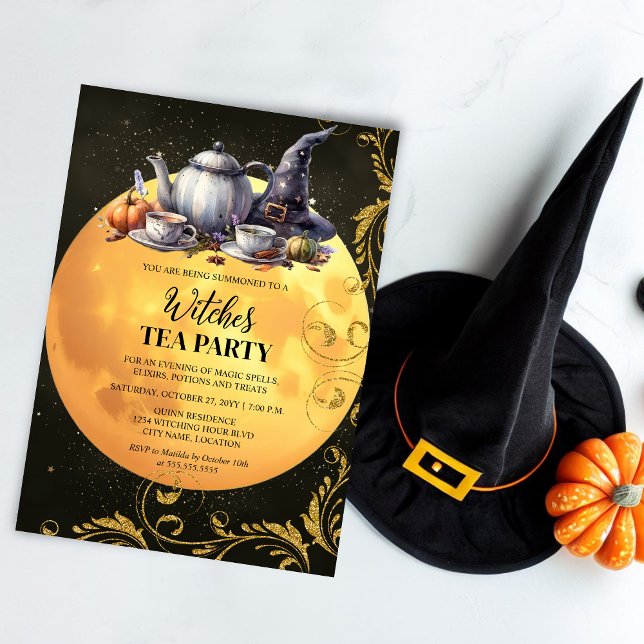 Witches Tea Party Invitation (Invite you witch friends for a witches tea party with this witching hour gold moon invitation.)