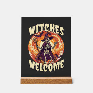 Witches Welcome Halloween Skeleton Witch Broom Bat Acrylic Sign