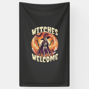 Witches Welcome Halloween Skeleton Witch Broom Bat Banner
