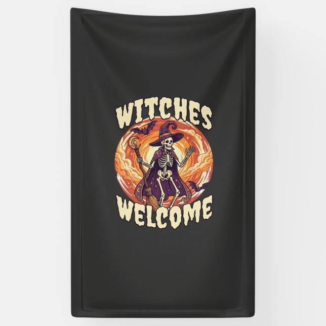 Witches Welcome Halloween Skeleton Witch Broom Bat Banner (Vertical)