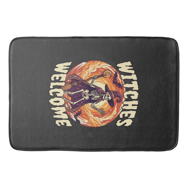 Witches Welcome Halloween Skeleton Witch Broom Bat Bath Mat (Front)