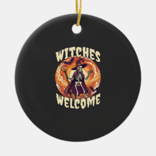 Witches Welcome Halloween Skeleton Witch Broom Bat Ceramic Tree Decoration