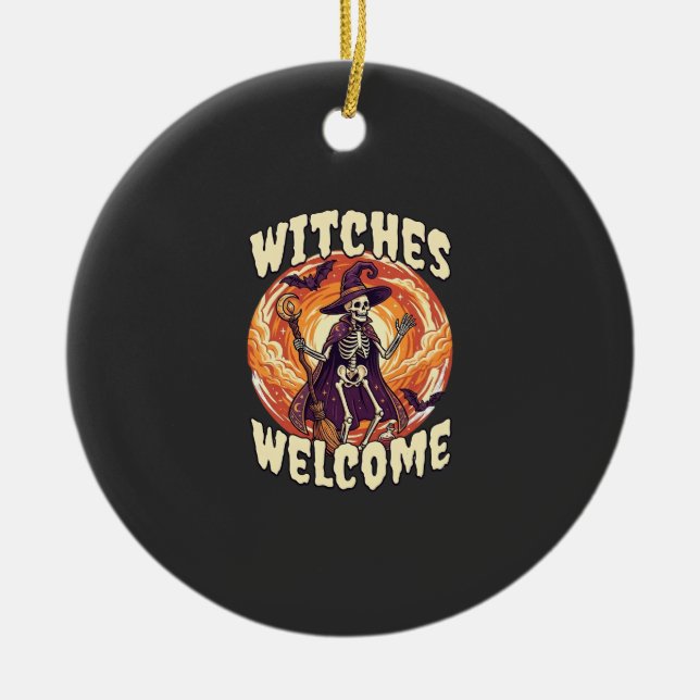 Witches Welcome Halloween Skeleton Witch Broom Bat Ceramic Tree Decoration (Front)
