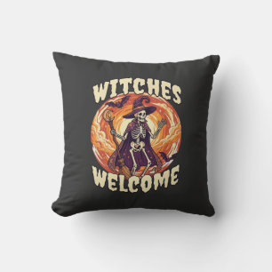 Witches Welcome Halloween Skeleton Witch Broom Bat Cushion