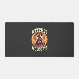 Witches Welcome Halloween Skeleton Witch Broom Bat Desk Mat