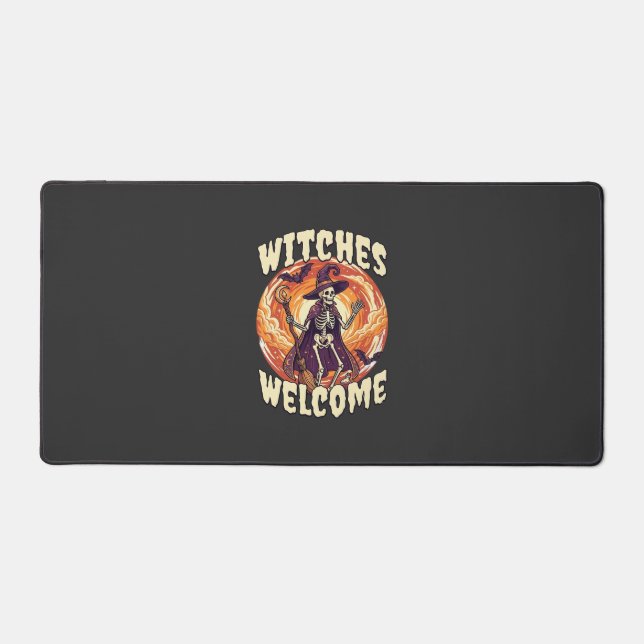 Witches Welcome Halloween Skeleton Witch Broom Bat Desk Mat (Front)