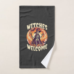 Witches Welcome Halloween Skeleton Witch Broom Bat Hand Towel