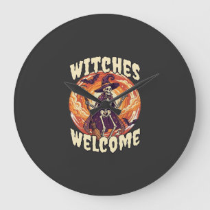 Witches Welcome Halloween Skeleton Witch Broom Bat Large Clock