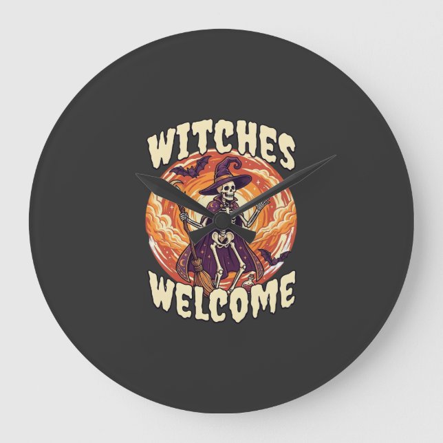 Witches Welcome Halloween Skeleton Witch Broom Bat Large Clock (Front)