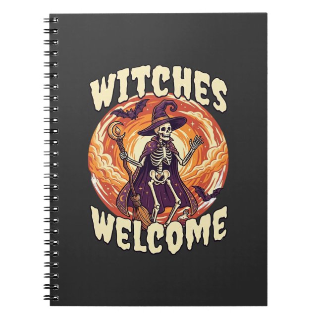 Witches Welcome Halloween Skeleton Witch Broom Bat Notebook (Front)