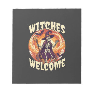 Witches Welcome Halloween Skeleton Witch Broom Bat Notepad