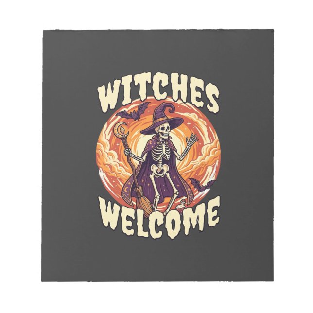 Witches Welcome Halloween Skeleton Witch Broom Bat Notepad (Front)
