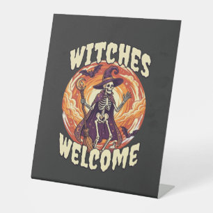 Witches Welcome Halloween Skeleton Witch Broom Bat Pedestal Sign