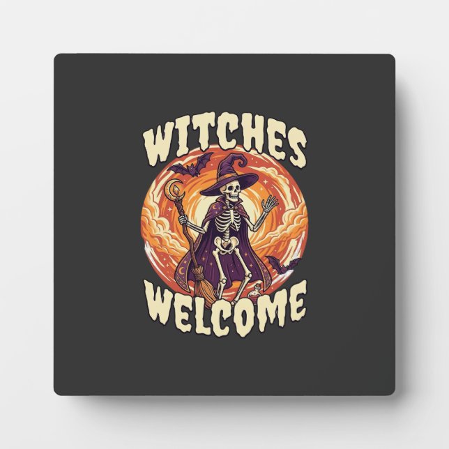 Witches Welcome Halloween Skeleton Witch Broom Bat Plaque (Front)