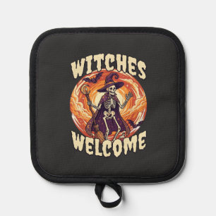 Witches Welcome Halloween Skeleton Witch Broom Bat Pot Holder
