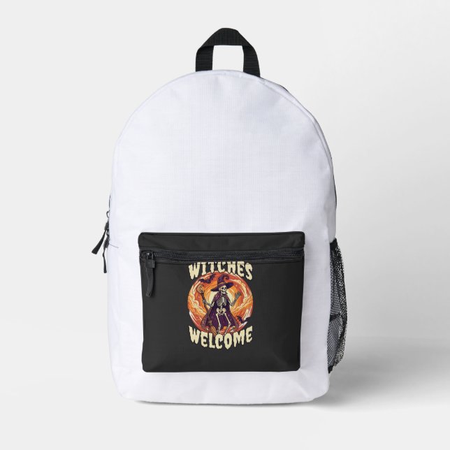 Witches Welcome Halloween Skeleton Witch Broom Bat Printed Backpack (Front)