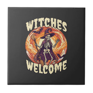 Witches Welcome Halloween Skeleton Witch Broom Bat Tile