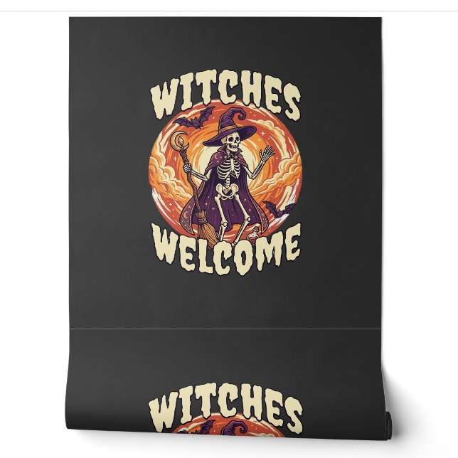 Witches Welcome Halloween Skeleton Witch Broom Bat Wallpaper (Unrolling)