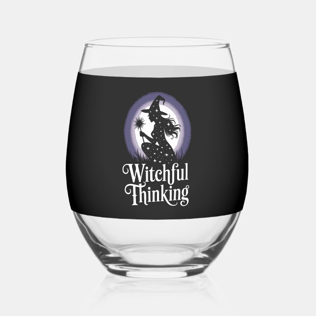 Witchful Thinking Halloween Girl T-shirt Stemless Wine Glass (Front)