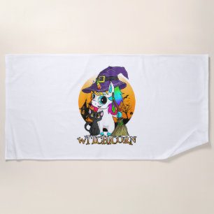 Witchicorn Unicorn Witch Halloween Black Cat Orang Beach Towel