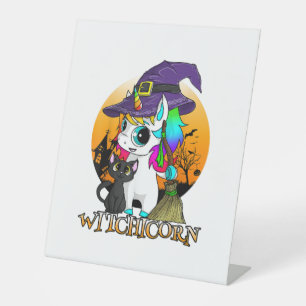 Witchicorn Unicorn Witch Halloween Black Cat Orang Pedestal Sign