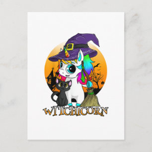 Witchicorn Unicorn Witch Halloween Black Cat Orang Postcard