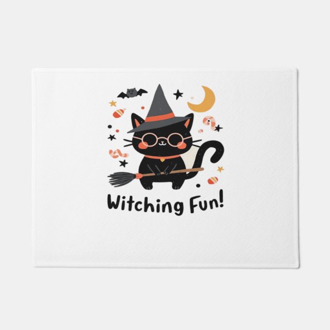 Witching Fun Black Cat with Broom – Cute Halloween Doormat (Front)
